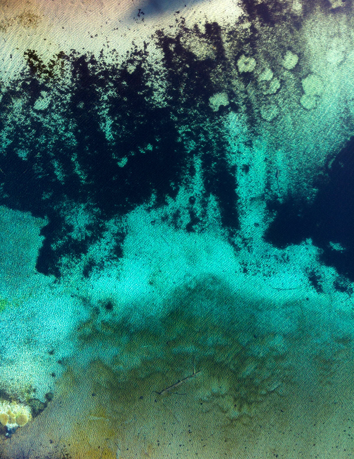 Abstract aerial view of turquoise water and dark reef patterns