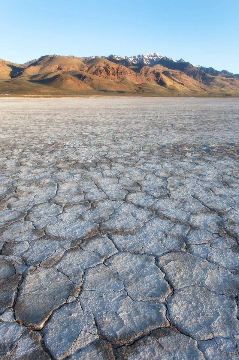 Cracked playa of the Alvord Desert beneath Steens Mountain at sunrise