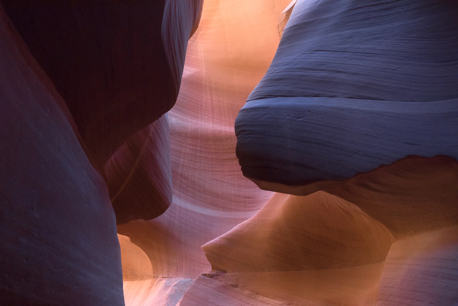 Antelope Canyon's sandstone walls glowing in soft purple light