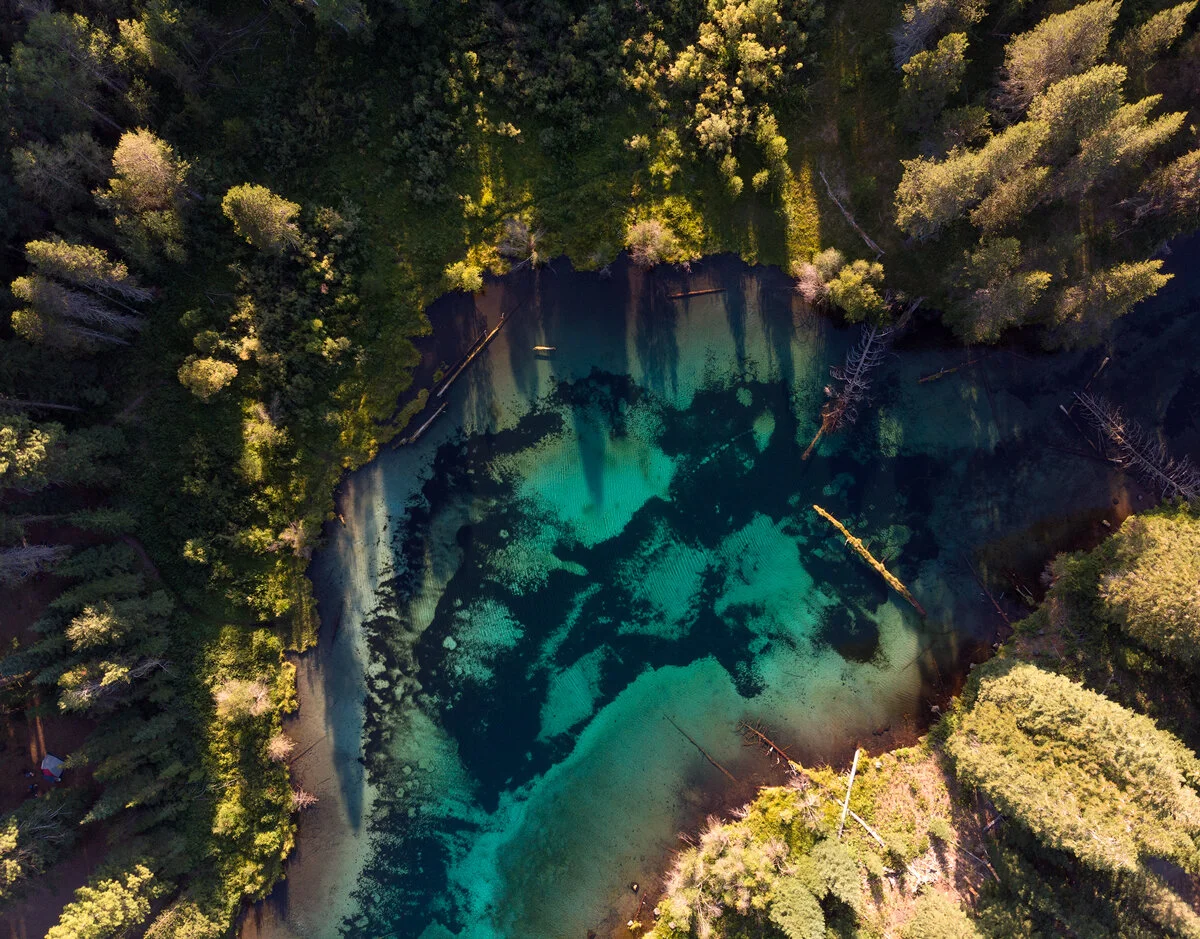 Aerial view of a turquoise spring-fed pool at Jackson Kimball State Park