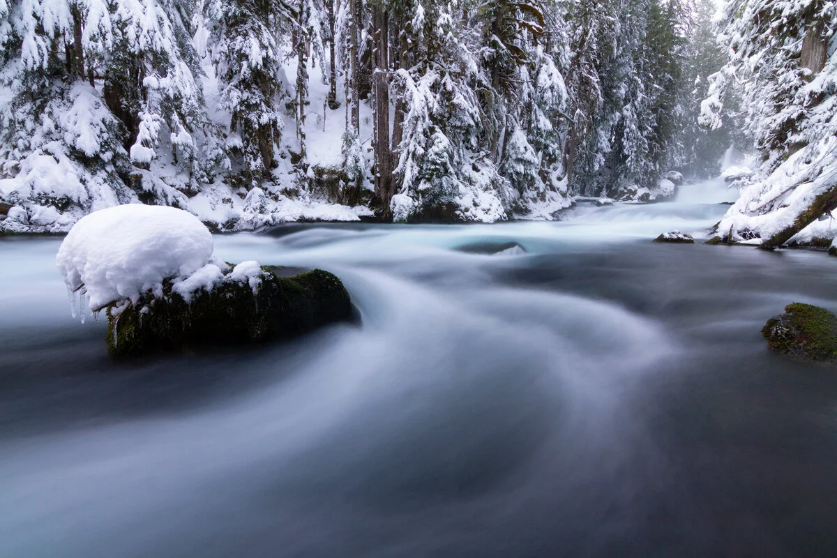 McKenzie River's turquoise water rushing past snow-covered banks