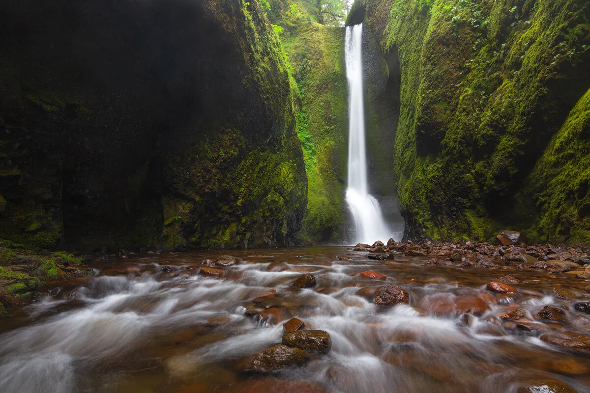 Oneonta Falls dropping through a narrow moss-lined gorge